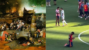 Comparativa entre el panel central del Tríptico de las Tentaciones de san Antonio y la imagen viral del final del partido. (Montaje Infobae)