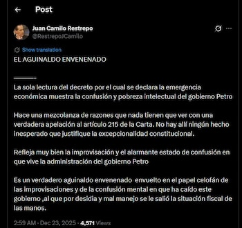 Juan Camilo Restrepo lanzó duras