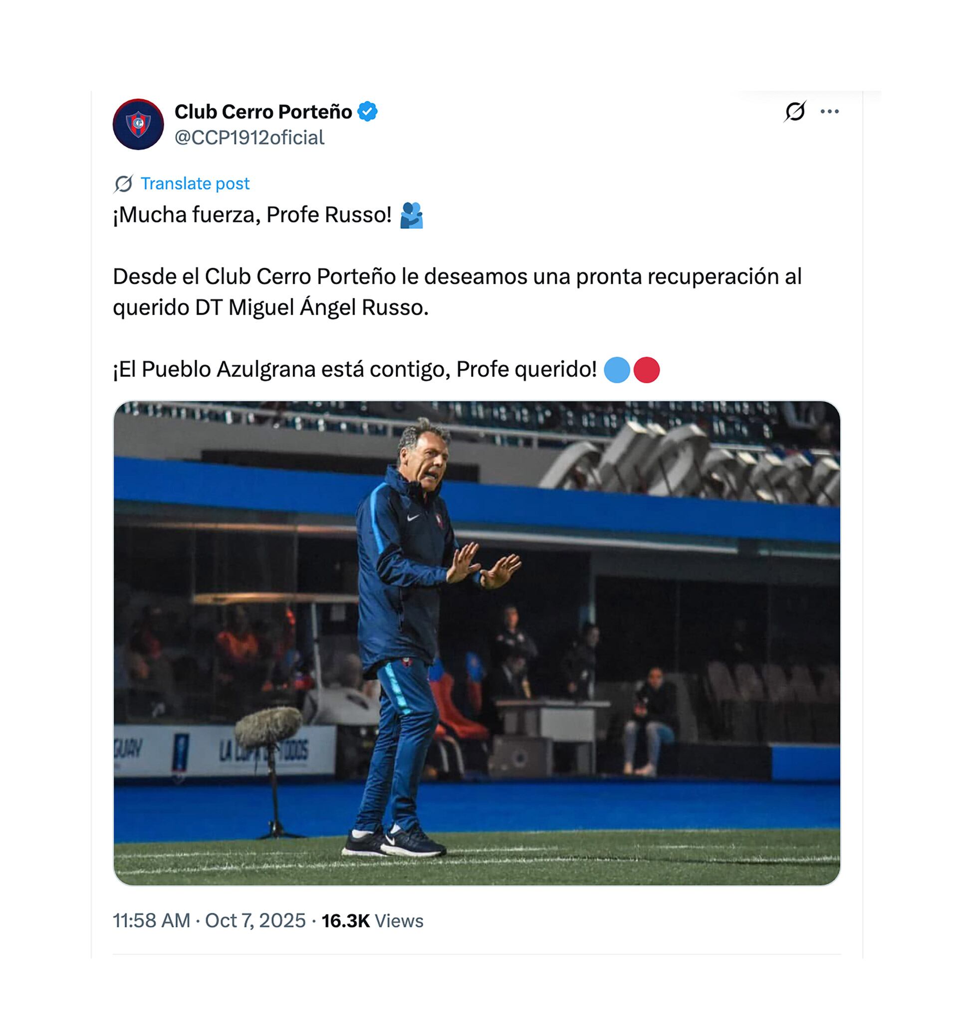 Cerro Porteño de Paraguay también le dedicó unas palabras de aliento al técnico