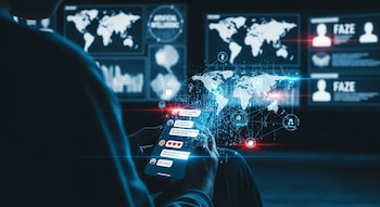 Persona de espaldas con teléfono móvil, chat romántico, red digital global. Fondo con pantallas que muestran mapas, inteligencia artificial y perfiles.
