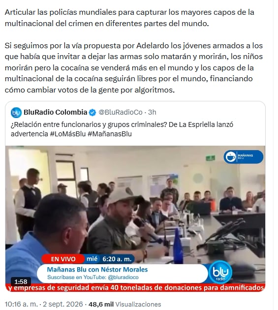 Petro señaló que la visión de De la Espriella recrudecerá el conflicto armado en Colombia - crédito @petrogustavo/X