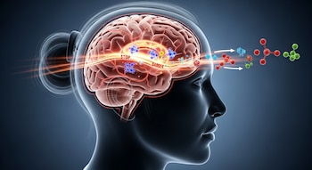 Imagen fotorrealista del perfil de una cabeza humana con el cerebro expuesto, mostrando una red de vasos sanguíneos y una barrera luminosa que filtra moléculas coloridas.