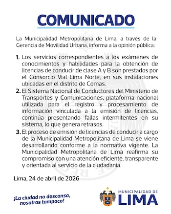 Un documento oficial en blanco y azul de la Municipalidad Metropolitana de Lima, con el título "COMUNICADO" en letras grandes y el texto en español