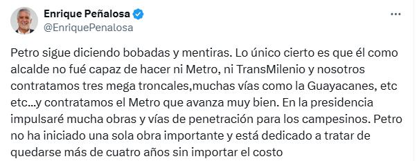 Peñalosa criticó a Petro por comentarios sobre metro - crédito X