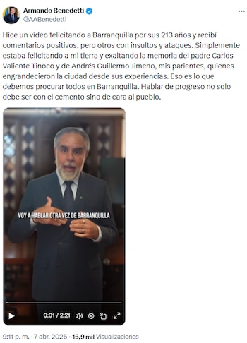 El video de Armando Benedetti sobre los 213 años de Barranquilla desató debate y polémica - crédito @AABenedetti/X