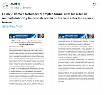 La Andi lamentó que los trabajadores por cuenta propia representaron 72% de los nuevos empleos generados - crédito @Andi_Colombia/X