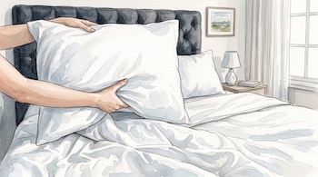 Unas manos sujetan una almohada blanca sobre una cama con cabecero acolchado, junto a una lámpara de noche y una ventana.