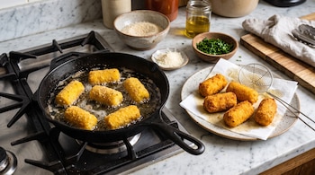 Sartén de hierro con croquetas en aceite, plato con croquetas fritas, espumadera y cuencos con perejil, queso y pan rallado sobre mármol.