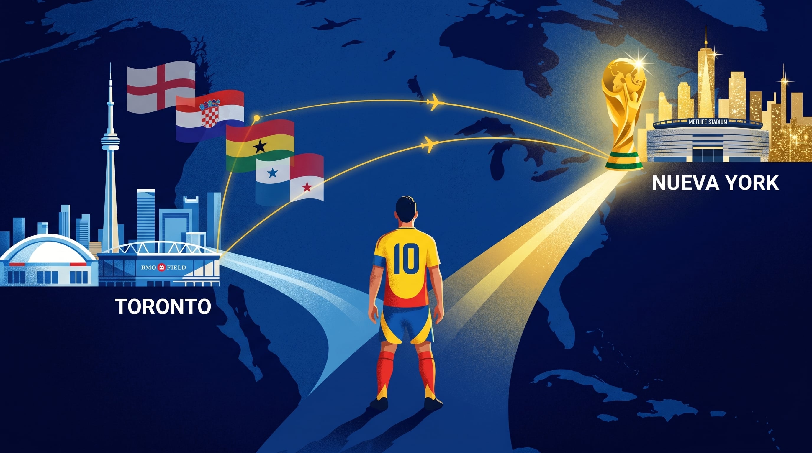 James Rodríguez hace parte de la nómina de 50 preseleccionados para el Mundial 2026, por parte de Colombia, en donde podrá jugar en Toronto si clasifica primero de su grupo, o en Nueva York si lo hace segundo - Ilustración Infobae Colombia