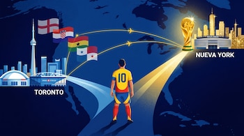 Ilustración de un jugador de Colombia con el 10, mirando dos caminos en un mapa: a Toronto (CN Tower, BMO Field, banderas) y a Nueva York (trofeo, MetLife Stadium).