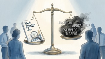 Ilustración de una balanza antigua; un platillo contiene un informe del Yale Budget Lab con gráficos y una lupa, el otro una nube oscura con palabras: ansiedad, apocalipsis, desempleo masivo. Siluetas de trabajadores rodean la balanza.
