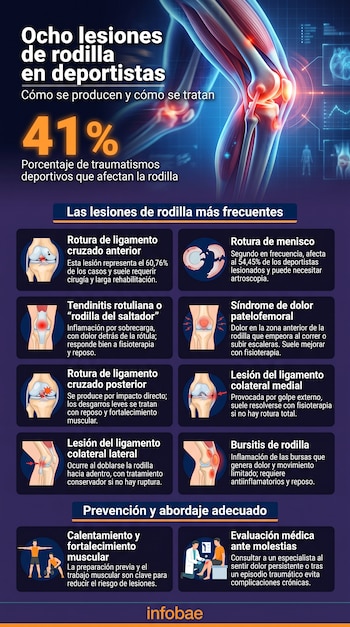 Infografía médica sobre lesiones de rodilla, con texto "Ocho lesiones de rodilla en deportistas", imagen anatómica de rodilla, gráficos de lesiones, y logo Infobae.