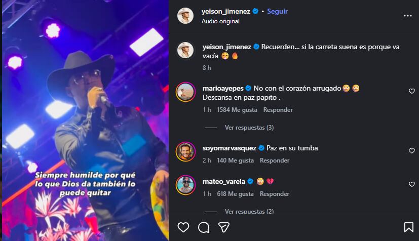 Esta fue la última publicación del artista en sus redes sociales - crédito Yeison Jiménez/Instagram