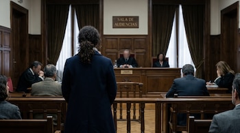 Vista posterior de una mujer con abrigo oscuro de pie en una sala de audiencias de madera ante un tribunal y personas sentadas.