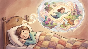 Ilustración de un niño durmiendo en la cama, con un globo de sueño donde el niño vuela en un mundo de fantasía con un castillo, islas flotantes y animales.