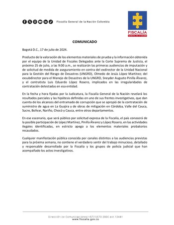 Pronunciamiento de la Fiscalía sobre las audiencias de contra Olmedo López y Sneyder Pinilla - crédito Fiscalía