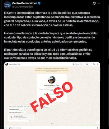 El Centro Democrático alertó sobre intentos de fraude mediante la recolección de información personal de ciudadanos a través de canales no oficiales - crédito @CeDemocratico/X