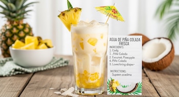 Vaso alto con agua de piña colada, trozos de piña, hielo, rodaja de piña y sombrilla amarilla. Al fondo, piña entera, trozos de piña en un cuenco y coco partido.