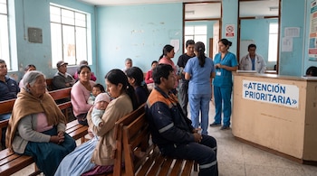 Personas sentadas en bancos de madera en una sala de espera de paredes celestes frente a un mostrador con el rótulo de atención prioritaria.