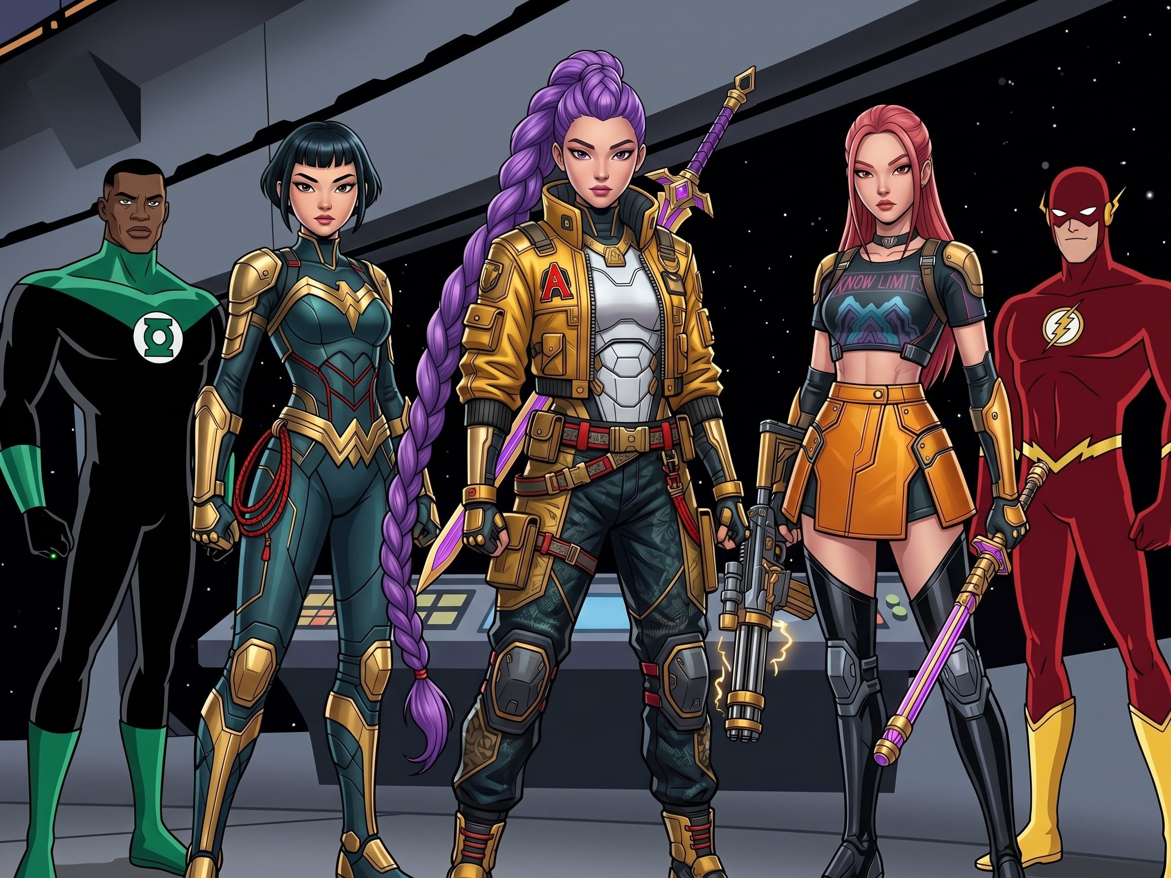Esta es una representación hecha con IA de Las Guerreras K-pop como personajes de la Liga de la Justica. (Foto: Gemini)