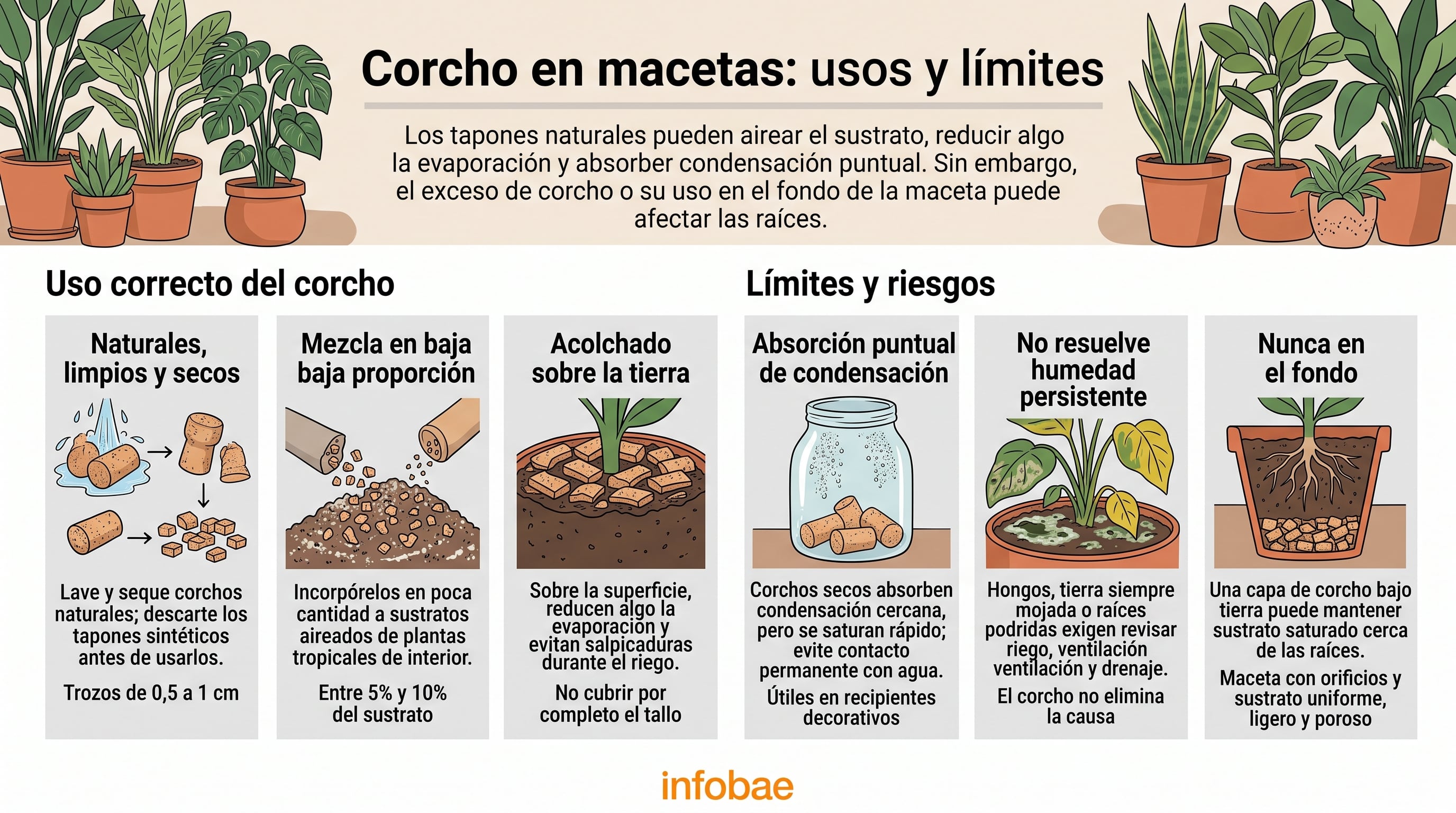 Una infografía de Infobae detalla las aplicaciones del corcho natural en macetas para reducir la evaporación y los riesgos de su colocación en el fondo. (Imagen Ilustrativa Infobae)