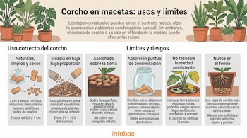 Infografía con plantas en macetas, ilustraciones de trozos de corcho y textos explicativos sobre su uso correcto y limitaciones.