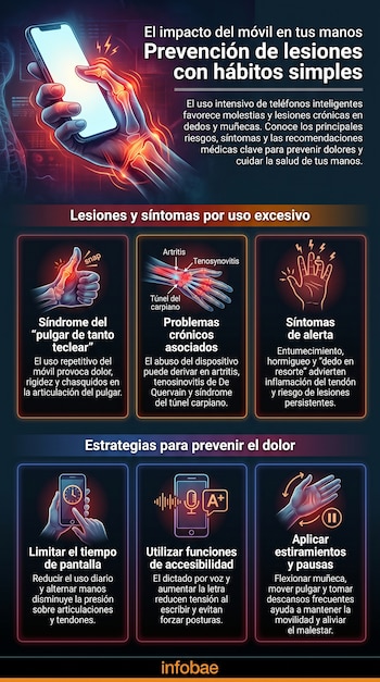 Mano sujetando teléfono móvil con huesos resaltados en rojo. Infografía con secciones sobre lesiones por uso excesivo de móviles y estrategias para prevenir el dolor. Logo Infobae.