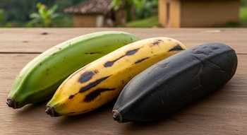 Tres plátanos reposan sobre una mesa de madera: uno verde, uno amarillo con manchas negras y uno completamente negro, en un exterior rural.