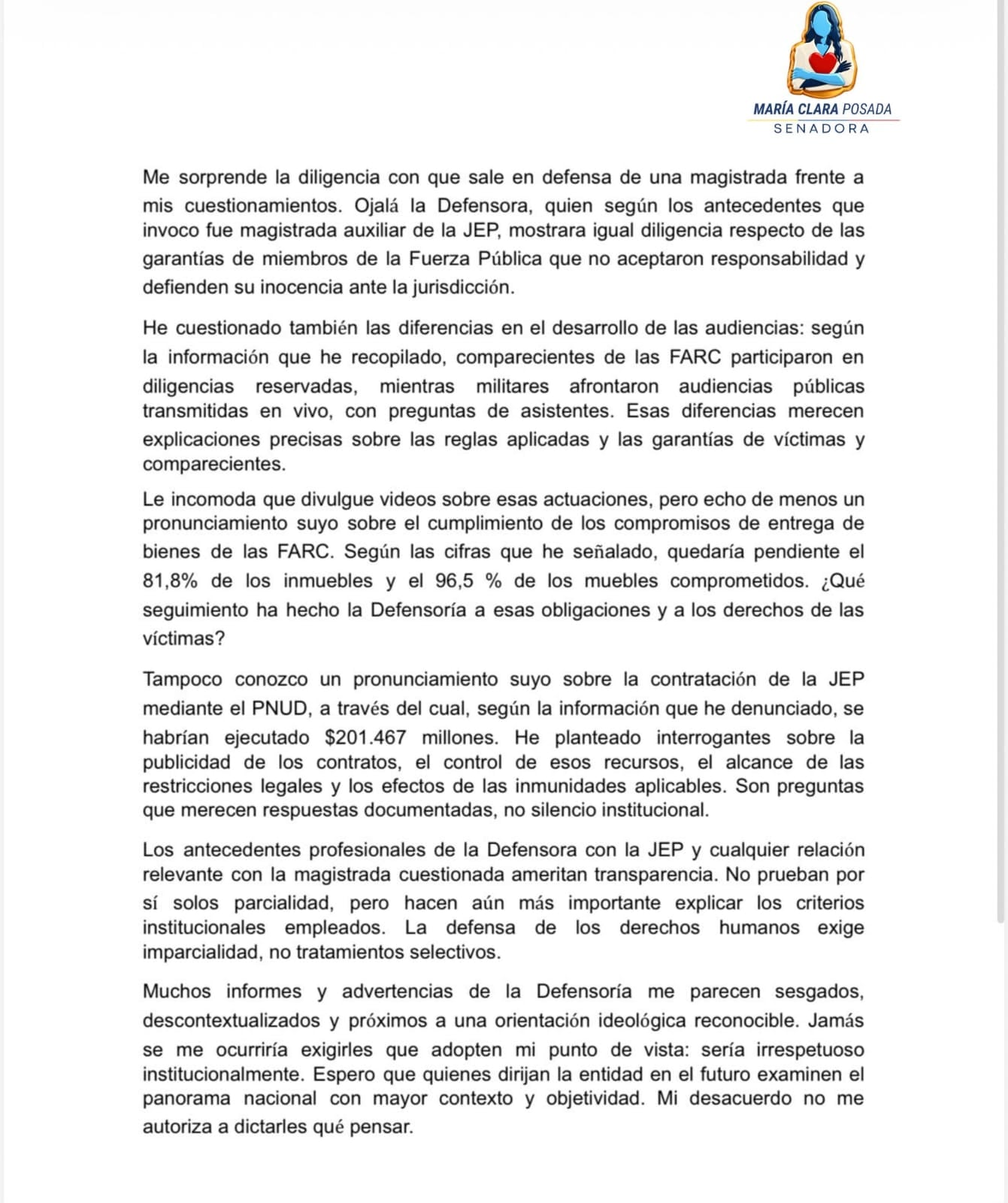Posada cuestionó la actuación de la Defensoría frente a la JEP y pidió información sobre el seguimiento a los bienes que las Farc-EP se comprometieron a entregar para la reparación de las víctimas - crédito @MaclaPosada/X