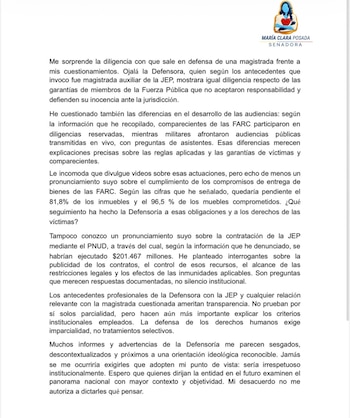 Posada cuestionó la actuación de la Defensoría frente a la JEP y pidió información sobre el seguimiento a los bienes que las Farc-EP se comprometieron a entregar para la reparación de las víctimas - crédito @MaclaPosada/X