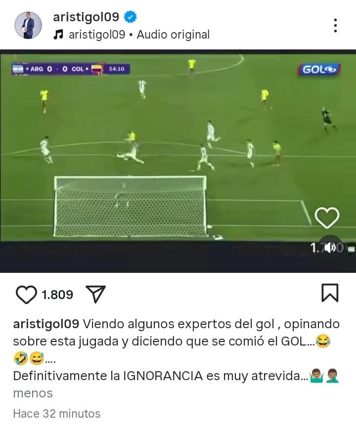 El histórico futbolista de la selección Colombia y de Atlético Nacional se pronunció tras el gol que erró su hijo ante Argentina en las semis del Mundial de Chile - crédito @aristigol09 / Instagram