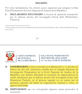 Documento judicial blanco con texto negro, títulos "DECISIÓN", "Corte Suprema de Justicia de la República", escudo de Perú y texto resaltado en amarillo