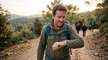 Un hombre con chaqueta y mochila observa su reloj inteligente en un camino de tierra al aire libre.