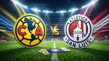 Dos escudos de equipos de fútbol, Club América y Atlético de San Luis, en un césped de estadio bajo focos, con un 'vs' dorado y boletos.