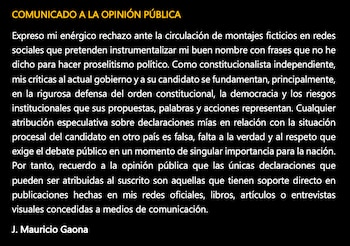 El constitucionalista afirmó que sus críticas al Gobierno se basan en la defensa del orden constitucional - crédito @JMauricioGaona/X