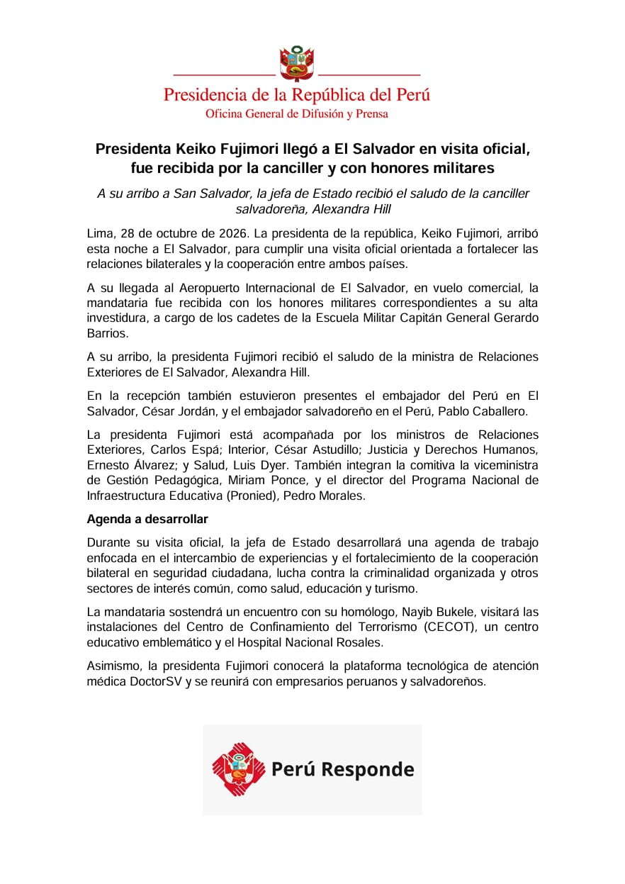 Comunicado oficial: Presidenta Keiko Fujimori llegó a El Salvador en visita oficial, fue recibida por la canciller y con honores militares.