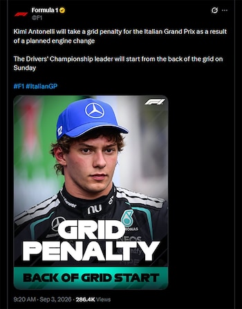 Publicación digital con una foto del piloto Kimi Antonelli con gorra azul y el texto superpuesto GRID PENALTY y BACK OF GRID START