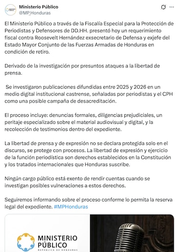 El Ministerio Público recordó que la libertad de prensa está protegida por la Constitución. (FOTO: X)