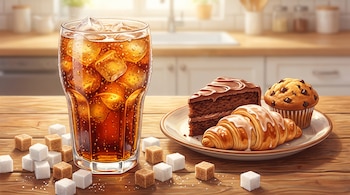 Vaso de refresco con hielo y burbujas, cubos de azúcar blancos y marrones, plato con trozo de pastel de chocolate, cruasán glaseado, muffin con chispas de chocolate.
