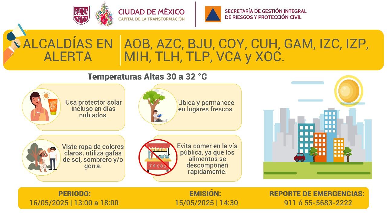 13 alcaldías de la Ciudad de México registrarán temperaturas altas para este viernes 16 de mayo. Foto: X/@SGIRPC_CDMX.