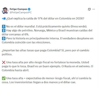 Felipe Campos, economista, anotó que el verdadero desplome en Colombia coincide con las elecciones - crédito @FelipeCamposPC/X