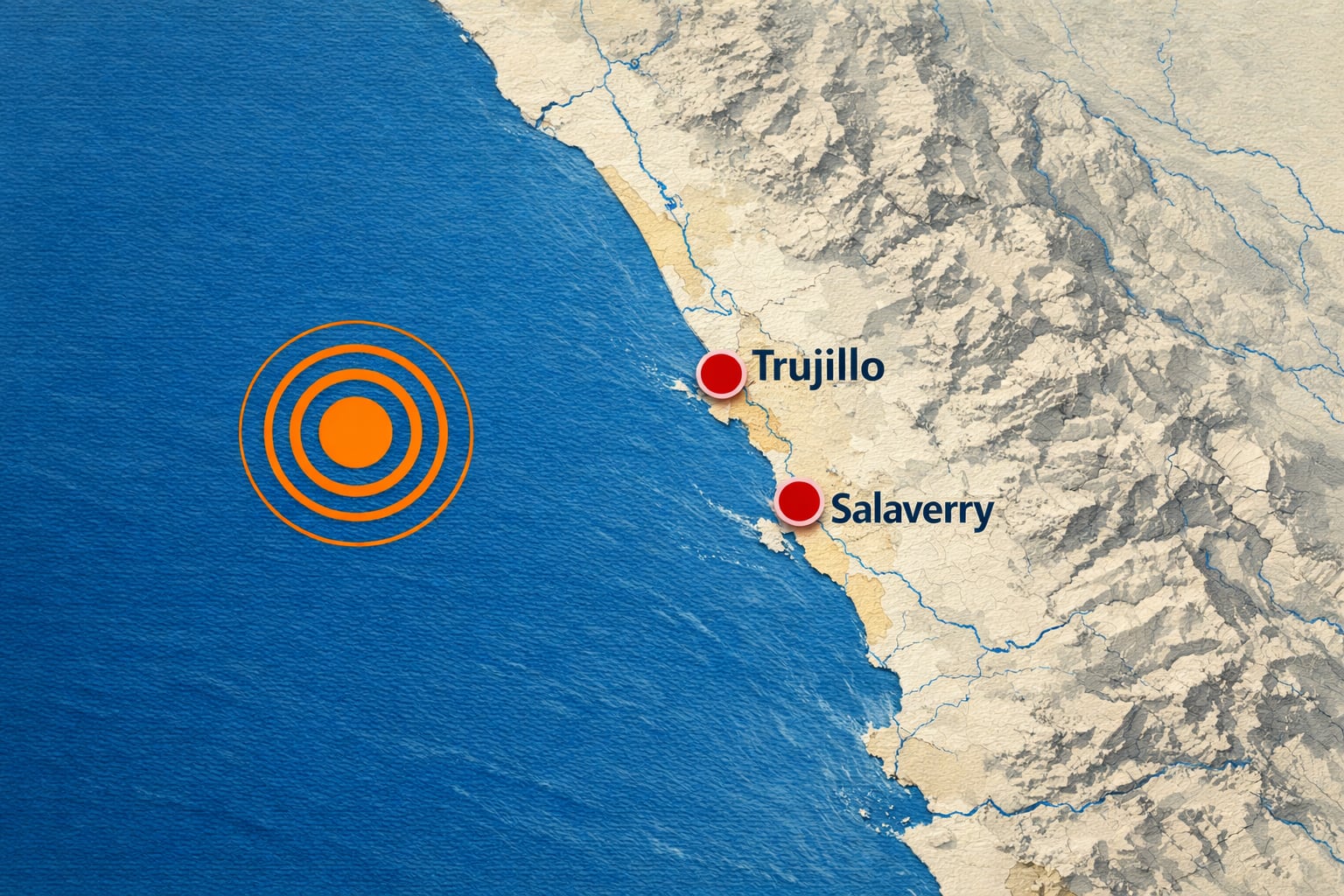 Mapa físico de la costa norte del Perú, región La Libertad, muestra Trujillo y Salaverry con marcadores rojos y el epicentro sísmico a 71 km al oeste de Salaverry en el mar. (Imagen Ilustrativa Infobae)