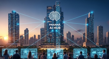 Rascacielos urbanos con líneas de luz azul y pantallas holográficas interactivas. En el edificio central se lee 'Panamá AI Hub' y hay un icono de cerebro de circuito.