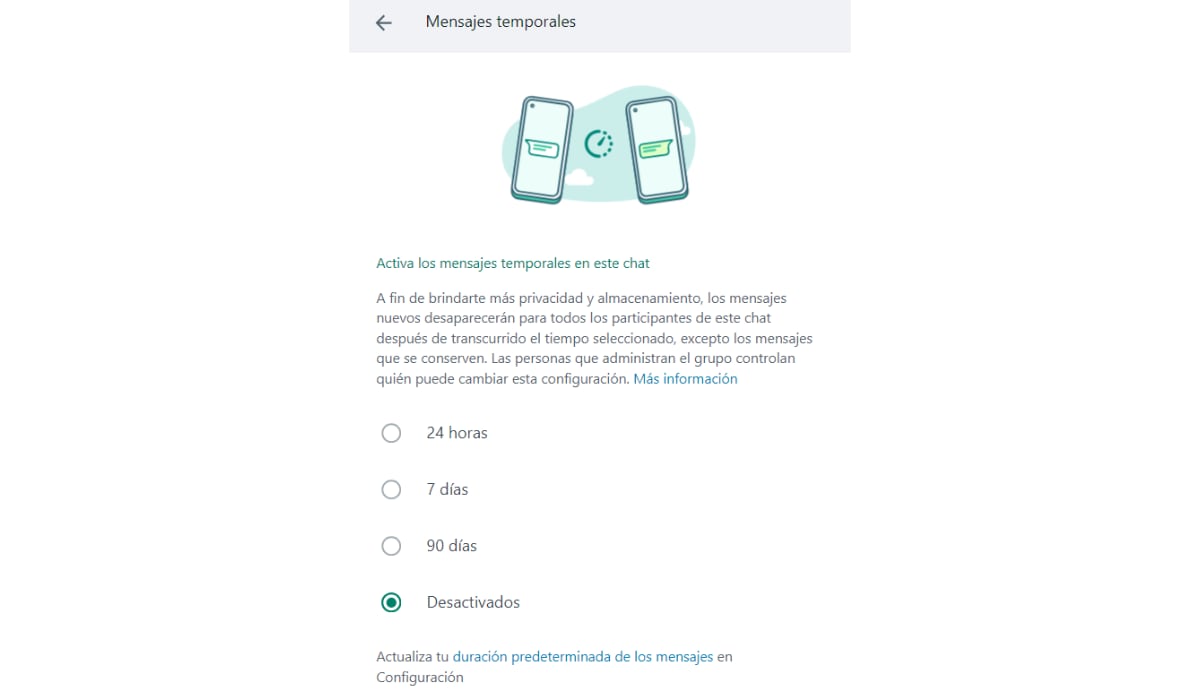 Los mensajes temporales eliminan automáticamente los nuevos envíos de una conversación una vez cumplido el plazo elegido. (WhatsApp)