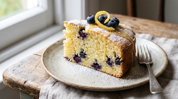 Una porción de torta de limón y arándanos con glaseado, arándanos frescos y ralladura de limón en un plato de cerámica sobre una mesa de madera.