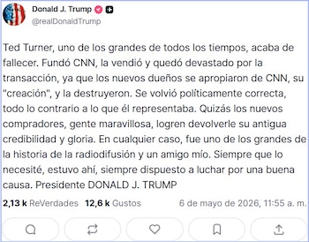 El comunicado oficial de Donald Trump tras la muerte de Ted Turner