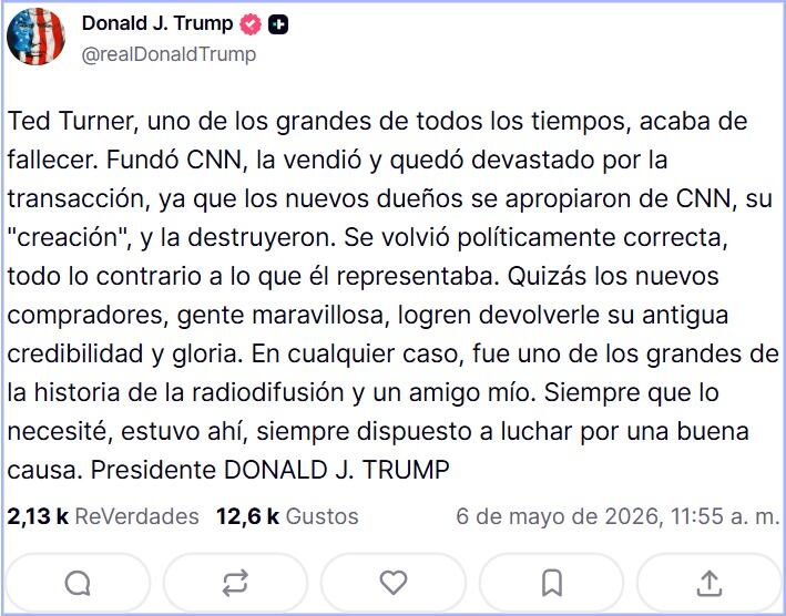 El comunicado oficial de Donald Trump tras la muerte de Ted Turner