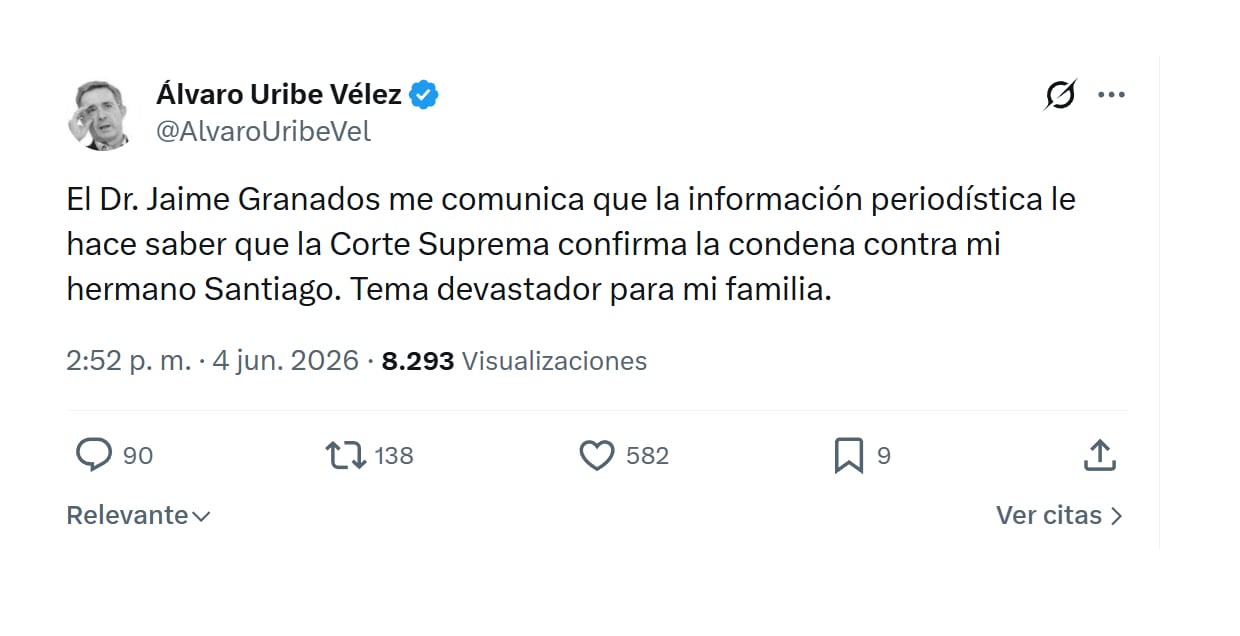 Con este mensaje en su perfil de X, el expresidente Álvaro Uribe Vélez confirmó la condena proferida contra su hermano Santiago - crédito @alvarouribevel/X