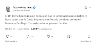 Álvaro Uribe Vélez confirmou a condenação de seu irmão Santiago