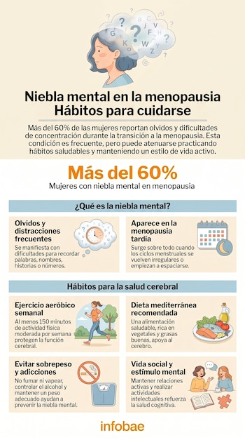 Infografía sobre la niebla mental en la menopausia, mostrando una mujer con nubes en la cabeza y secciones con ilustraciones de hábitos para la salud cerebral.
